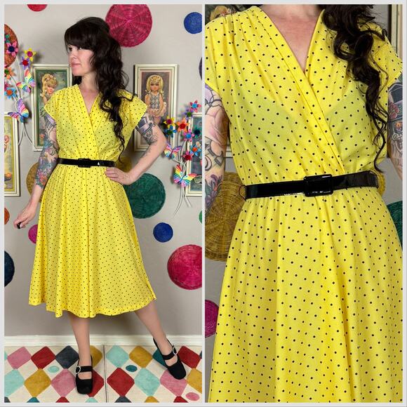 Vintage 1970s Yellow Polka Dot Cap Sleeve Belted Midi Dress - Picture 1 of 9